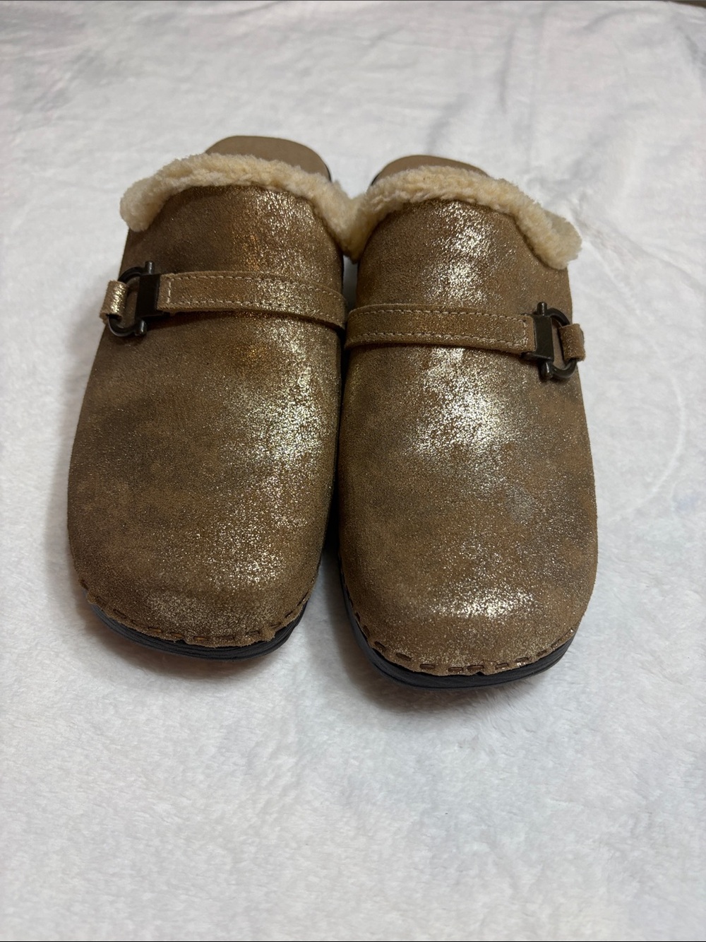 Metallic Brown Shearling-Lined Clog Mules